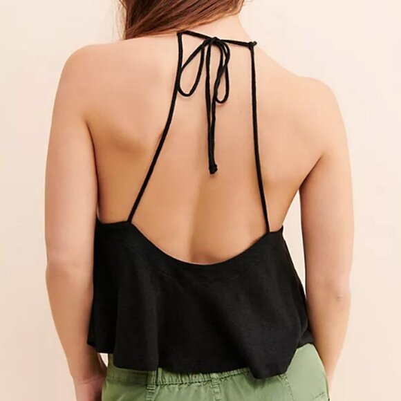 Free People Long Weekend Keyhole Halter Top Cropped Strappy Black Boho Shirt LG - Picture 4 of 8